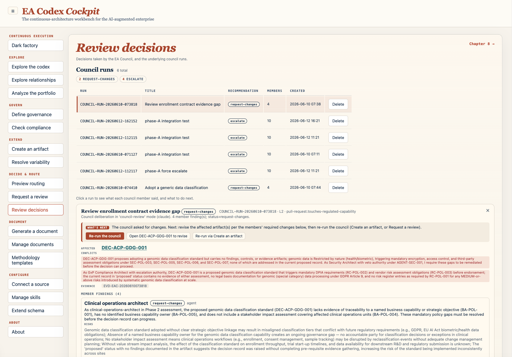 The EA Codex Cockpit Review decisions view, listing council runs with recommendations and an expanded architecture review for a contract evidence gap.
